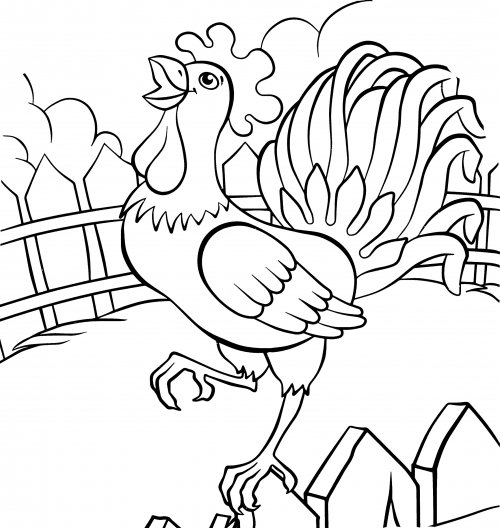 A rooster crows on the fence coloring page