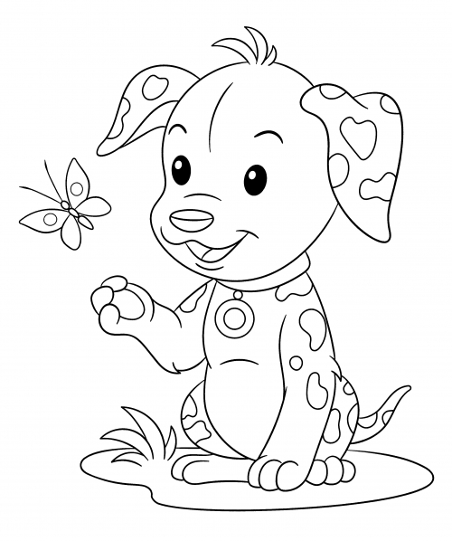 The puppy is interested in the butterfly coloring page