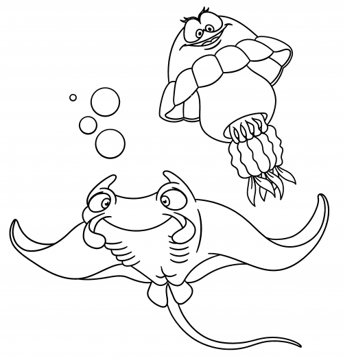 Friendly stingray and jellyfish coloring page