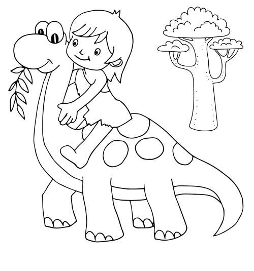 Girl riding a dinosaur coloring page