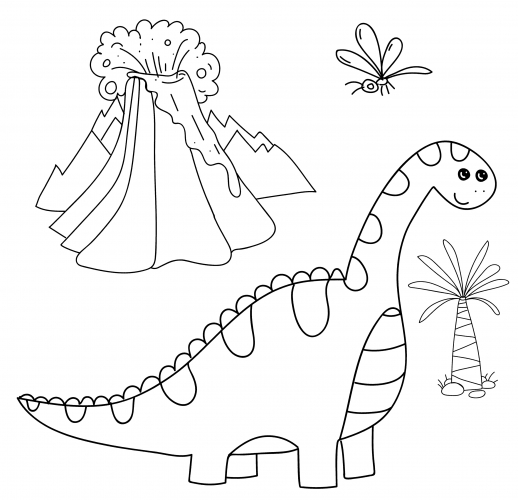 Dinosaur with a volcano in the background coloring page