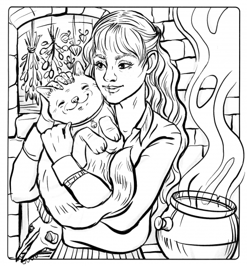 Hermione's holding the Crookshanks coloring page