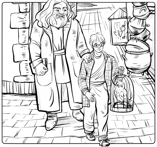 Hagrid and Harry in a Diagon Alley coloring page