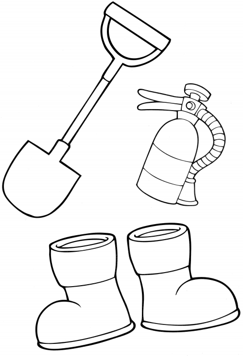 Fire extinguisher, shovel and boots coloring page