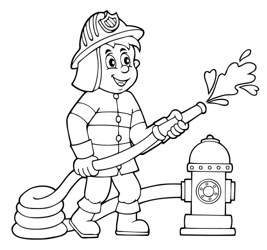 Firefighter next to a hydrant coloring page