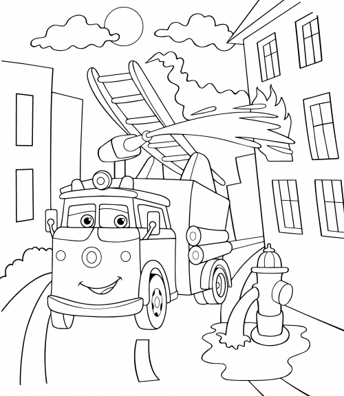 A fire truck puts out a fire coloring page