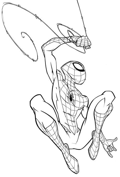 Spider-Man hangs on a web coloring page