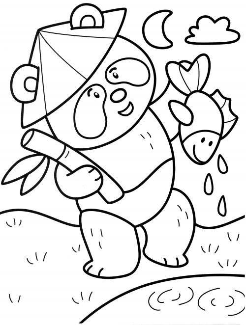 Panda with a catch coloring page