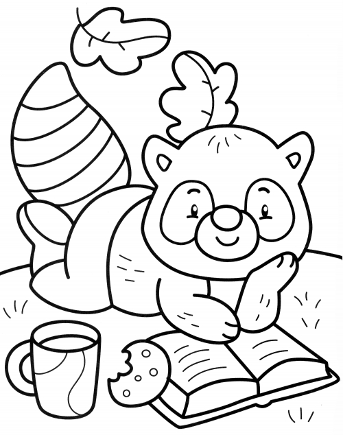 Raccoon with a book coloring page