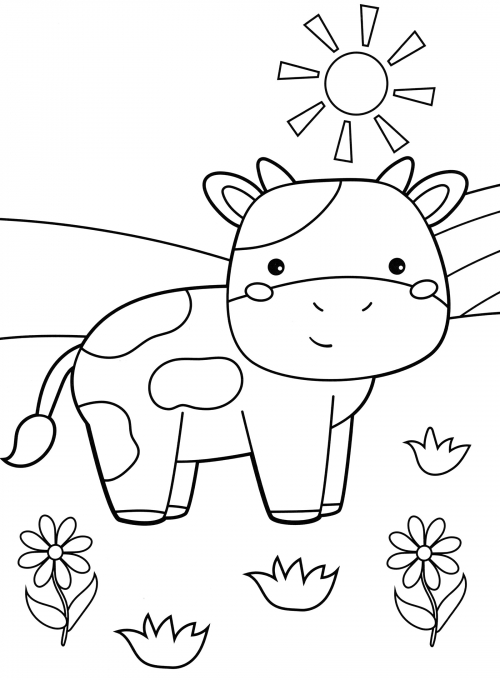 Cow in a meadow coloring page