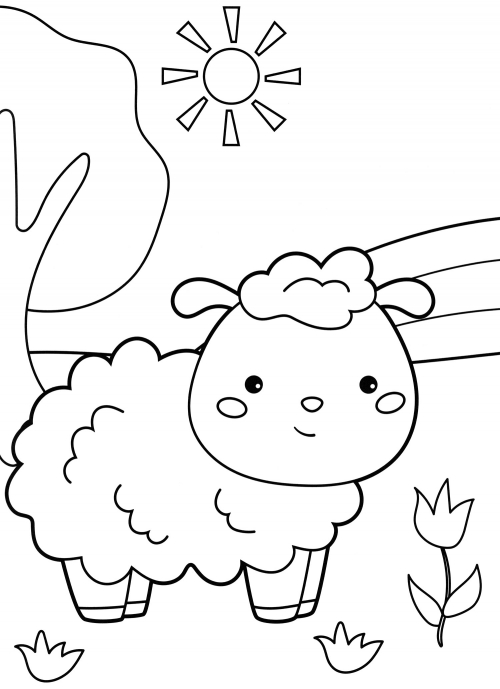 Lamb in a meadow coloring page