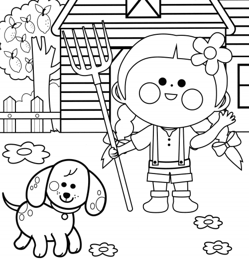 Girl on the farm coloring page