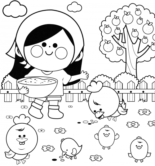 Girl feeds chickens coloring page