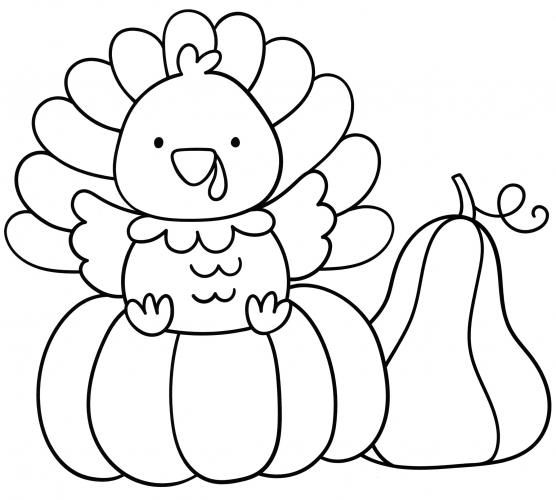 Little turkey on a pumpkin coloring page