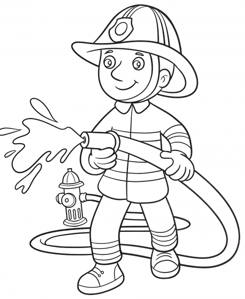Fireman putting out a fire coloring page