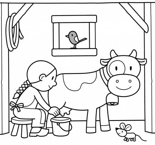 Milkmaid and cow coloring page