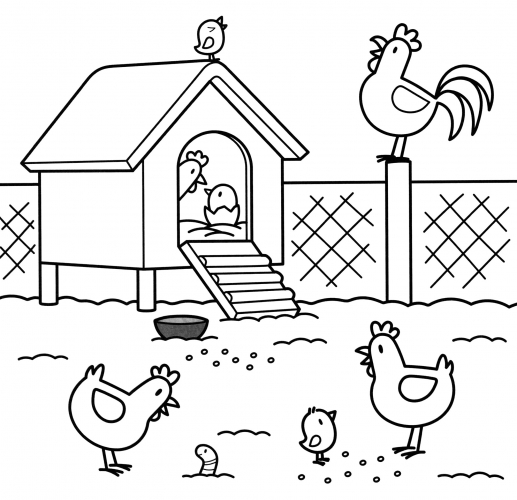 Cute chicken family coloring page