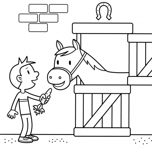 Boy feeds horse coloring page