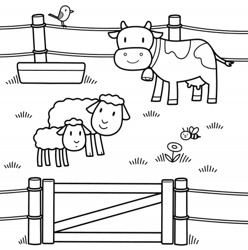 Cow and sheep grazing coloring page