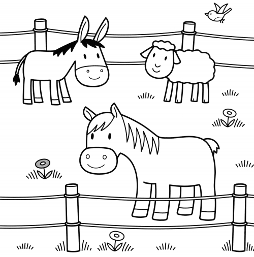 Horse and donkey grazing coloring page