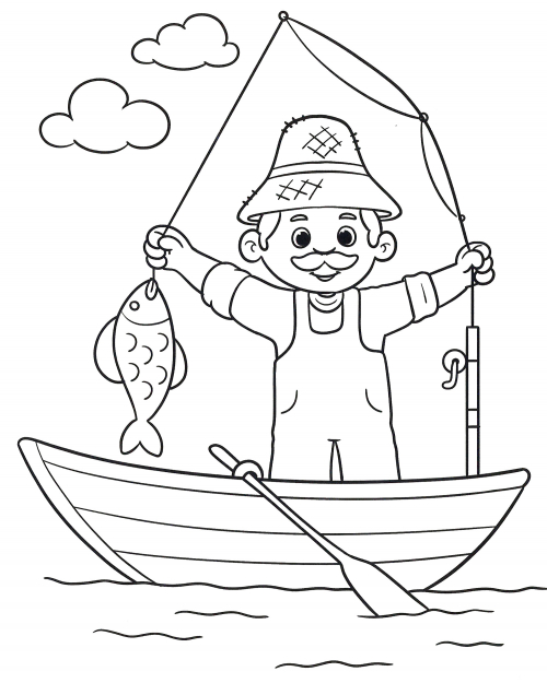 A fisherman caught a fish coloring page