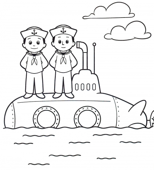 Sailors on a submarine coloring page