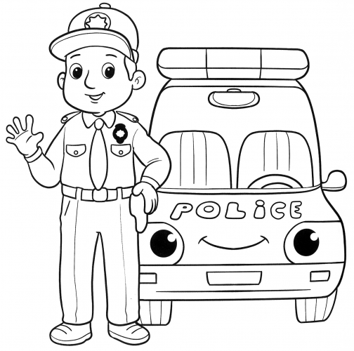 Policeman in front of a patrol car coloring page