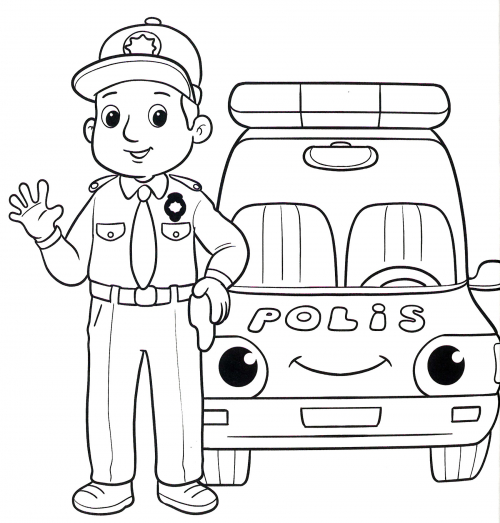 Policeman in front of a patrol car coloring page