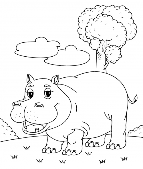 Hippo under a tree coloring page