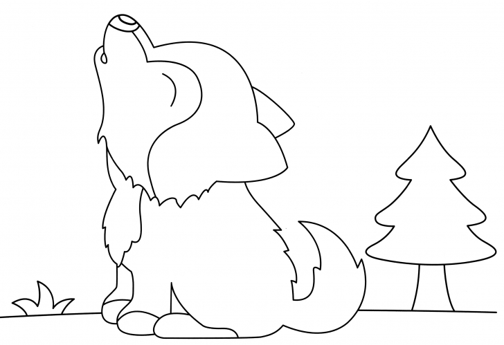 Wolf cub howls at the moon coloring page