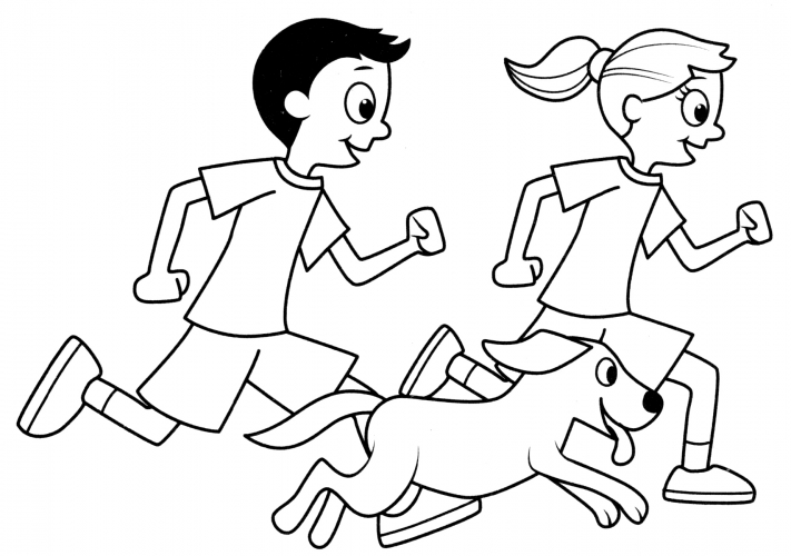 People running with the dog coloring page