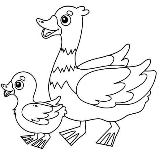 Duck with her baby coloring page