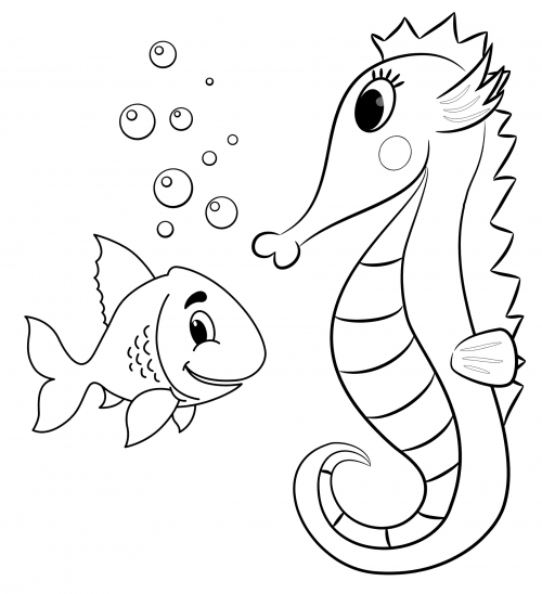 Seahorse and fish coloring page