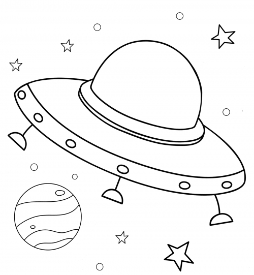Flying saucer in space coloring page