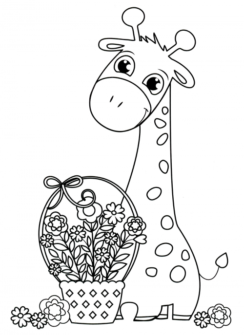 Giraffe with basket of flowers coloring page