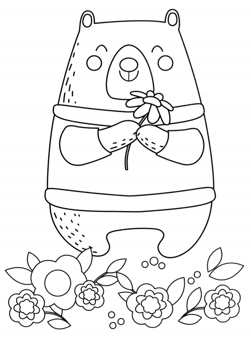Cute bear with flower coloring page