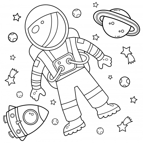 Cosmonaut among planets and stars coloring page
