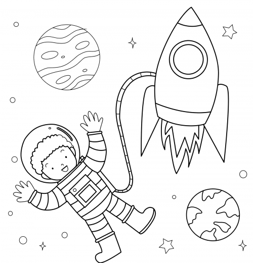 Cosmonaut and rocket coloring page