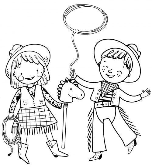 Boy and girl cowboys coloring page