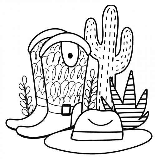 Cowboy boots and hat coloring page