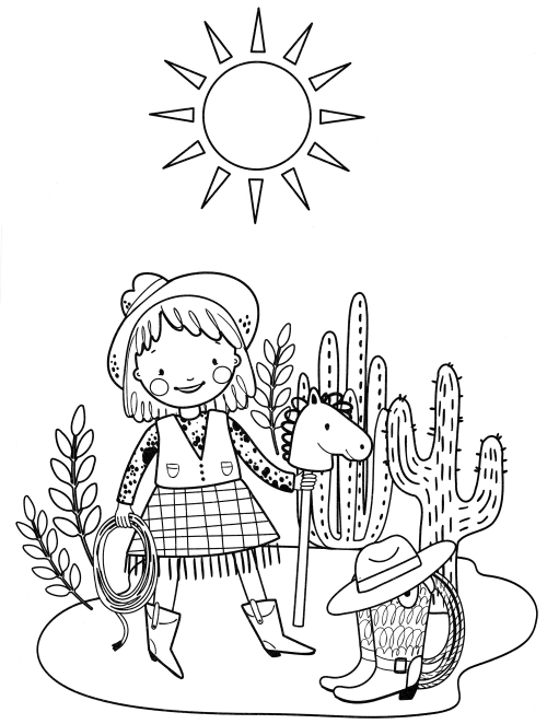 Cowgirl among the cacti coloring page