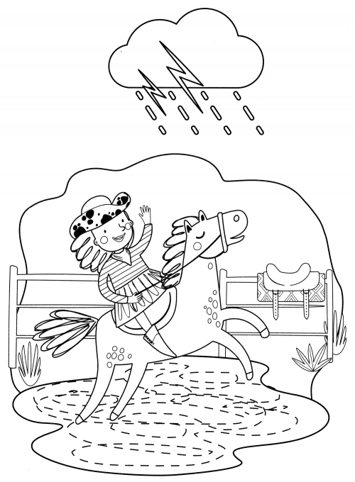 Cowboy horse in the rain coloring page