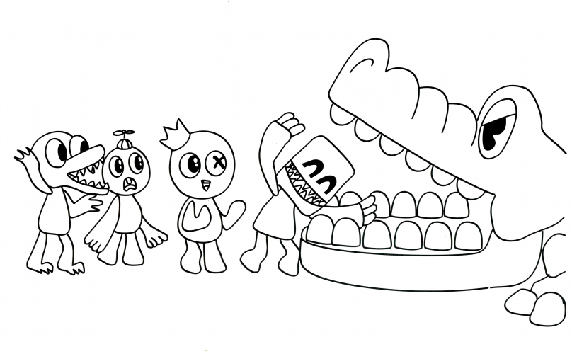 Rainbow friends and alligator coloring page