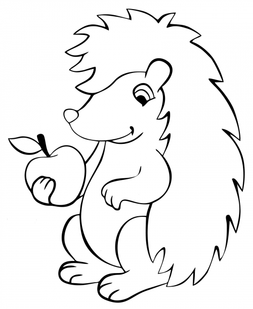 Hedgehog looks at the apple coloring page