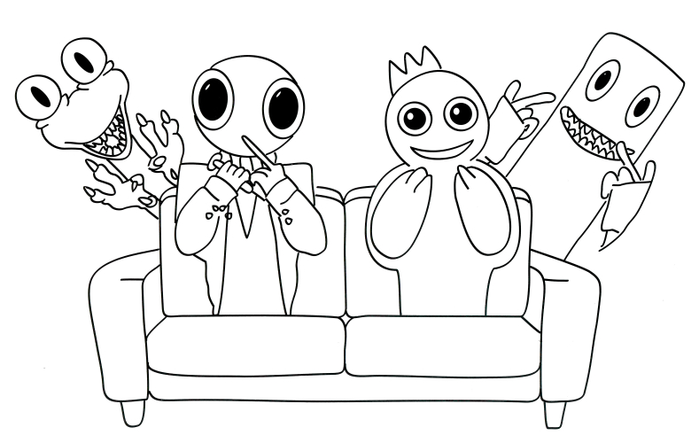 Rainbow friends on the sofa coloring page