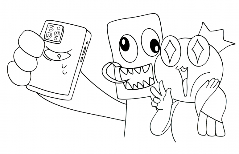Rainbow friends taking selfies coloring page