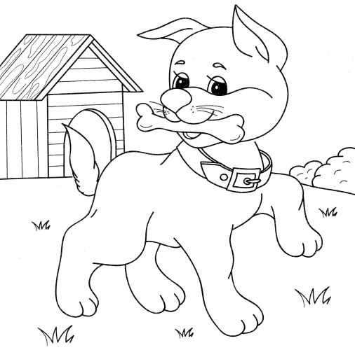 Dog chews on a bone coloring page