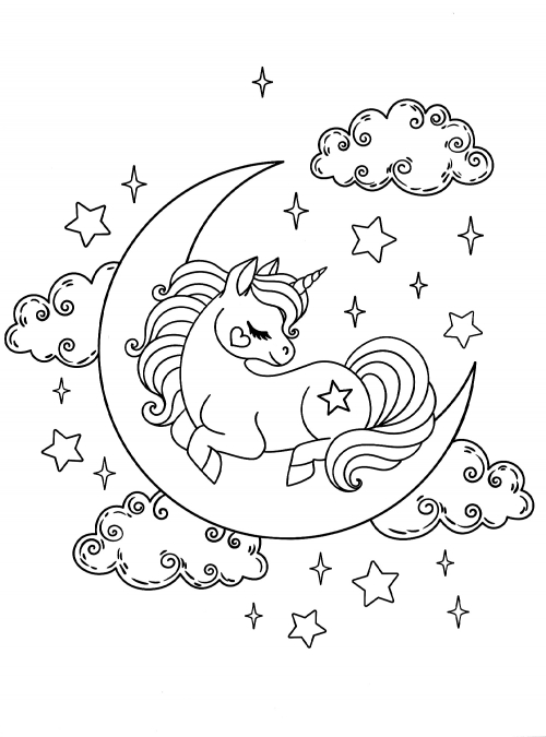 Unicorn on a crescent moon coloring page