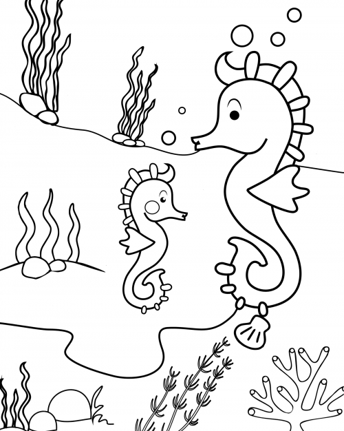 Two seahorses underwater coloring page