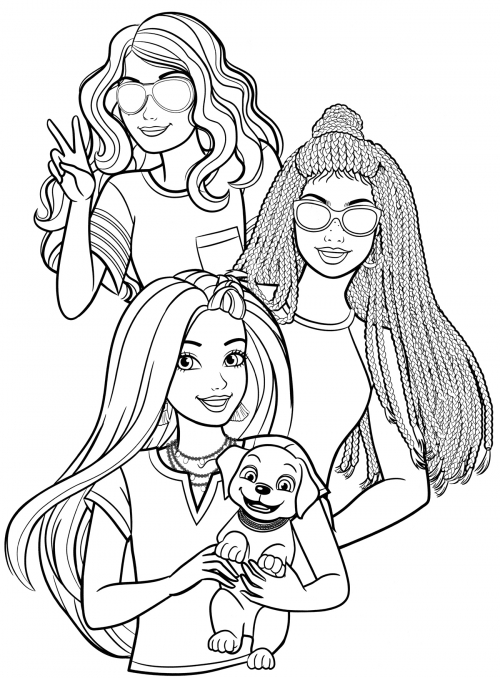 Barbie with her puppy and friends coloring page
